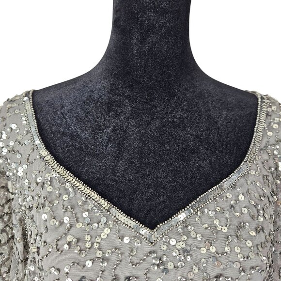 JKara Womens Beaded Flutter Sleeve Maxi Gown Gray Size 8 Elegant Evening Dress - Picture 6 of 9